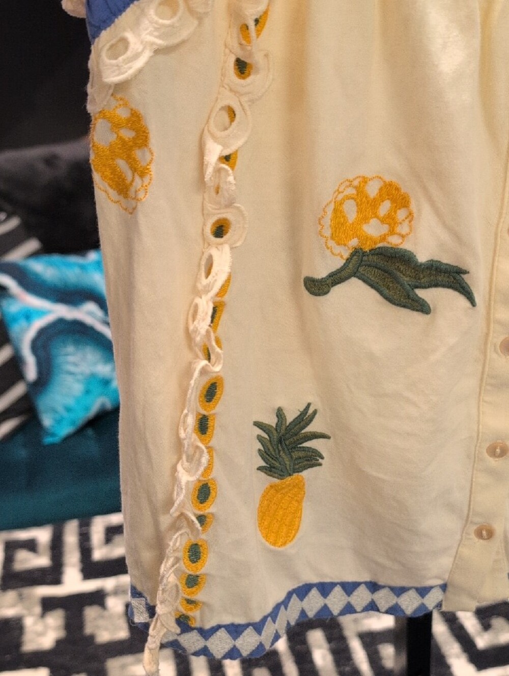 Cream Embroidered Pineapple Button-Front Tank Top with Blue Trim - Picture 4 of 11